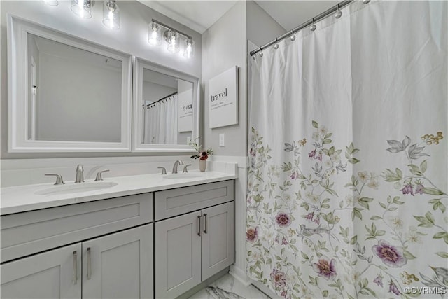 14 Gloucester Cir, Petersburg, VA 23803 - bathroom with double vanity, marble finish floors, and a shower with shower curtain