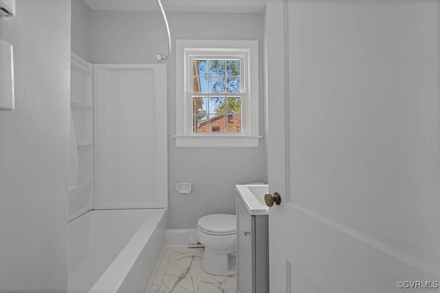 full bathroom featuring marble finish floors, toilet, baseboards, and vanity