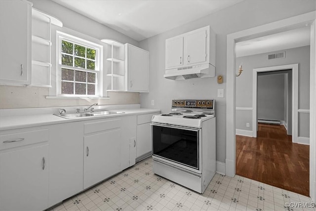kitchen with white electric range, under cabinet range hood, open shelves, and a sink