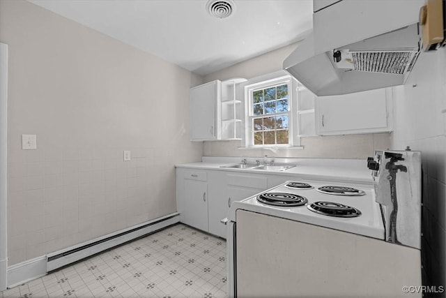 kitchen with baseboard heating, under cabinet range hood, white range with electric stovetop, open shelves, and white cabinetry