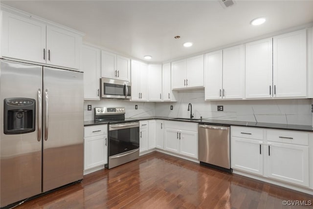 6006 Meadwood Cir, North Chesterfield, VA 23234 - kitchen featuring stainless steel appliances, a sink, dark countertops, dark wood-style floors, and white cabinetry