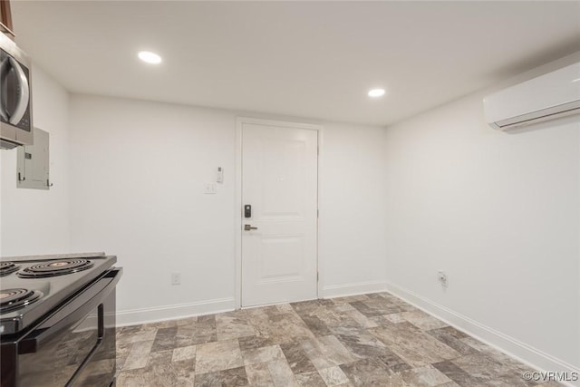 6006 Meadwood Cir, North Chesterfield, VA 23234 - kitchen featuring a wall mounted air conditioner, stainless steel microwave, black / electric stove, and recessed lighting