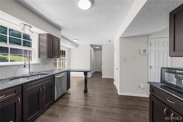 15119 Winding Ash Dr, Chesterfield, VA 23832 - kitchen with stainless steel dishwasher, a sink, a textured ceiling, dark wood-style flooring, and dark brown cabinets
