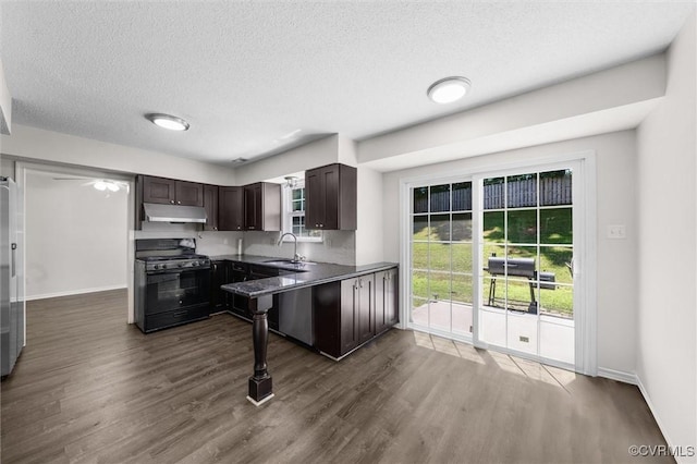15119 Winding Ash Dr, Chesterfield, VA 23832 - kitchen with black range with gas cooktop, under cabinet range hood, a sink, dark brown cabinets, and dark wood-style floors