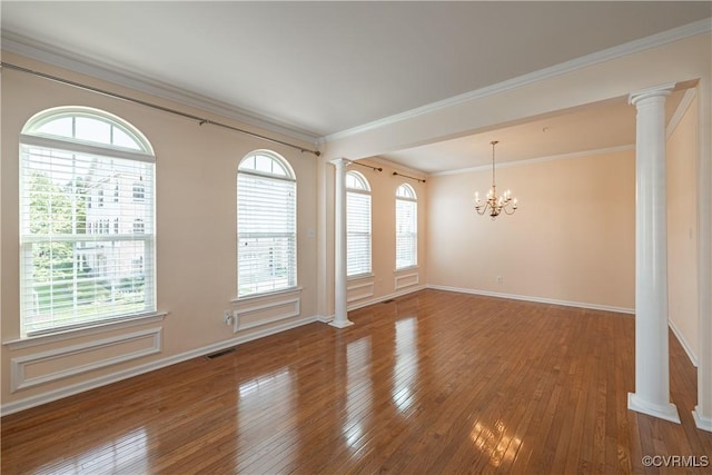 521 Siena Ln, Henrico, VA 23059 - spare room with decorative columns, wood-type flooring, ornamental molding, and healthy amount of natural light