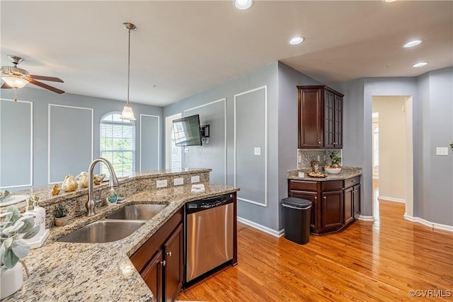 521 Siena Ln, Henrico, VA 23059 - kitchen featuring dishwasher, light wood finished floors, ceiling fan, light stone countertops, and recessed lighting