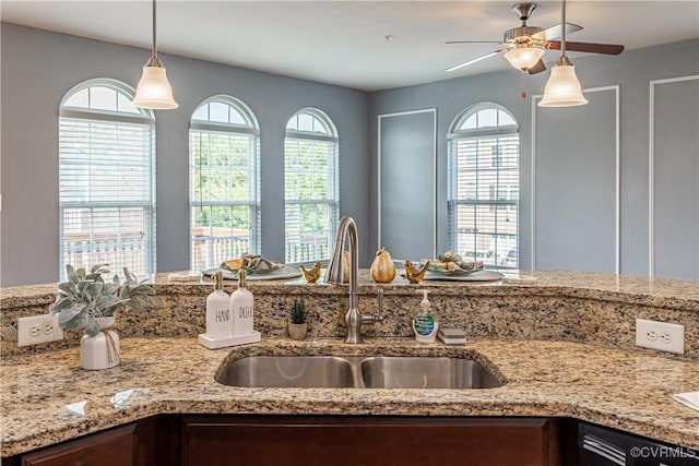 521 Siena Ln, Henrico, VA 23059 - kitchen with a ceiling fan, light stone countertops, decorative light fixtures, and black dishwasher