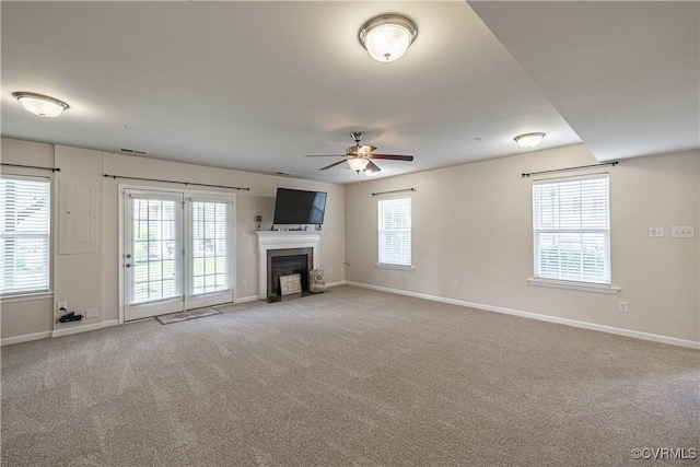 521 Siena Ln, Henrico, VA 23059 - unfurnished living room featuring ceiling fan, carpet floors, and a fireplace with flush hearth