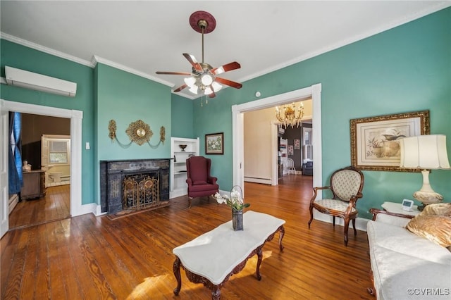102 Market St, Onancock, VA 23417 - living room featuring a wall unit AC, a high end fireplace, a baseboard radiator, ornamental molding, and ceiling fan