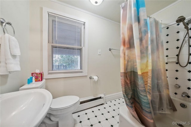 102 Market St, Onancock, VA 23417 - full bath featuring a baseboard radiator, a sink, tile patterned floors, crown molding, and shower / bath combination with curtain