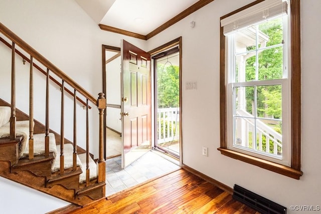 4800 Ball Cypress Rd, Chesterfield, VA 23832 - foyer with stairway, wood finished floors, ornamental molding, and baseboards