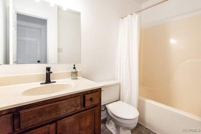 4800 Ball Cypress Rd, Chesterfield, VA 23832 - bathroom featuring toilet, vanity, shower / bath combo with shower curtain, and wood finished floors