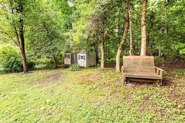 4800 Ball Cypress Rd, Chesterfield, VA 23832 - view of yard featuring an outbuilding, a storage unit, and a view of trees