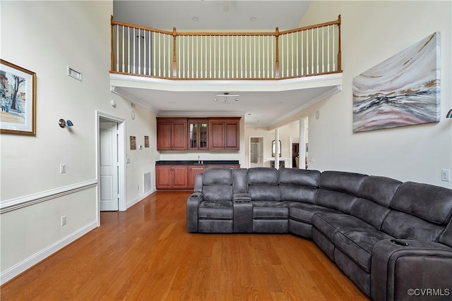 9428 Berry Patch Ln, Mechanicsville, VA 23116 - living room featuring a high ceiling, wood finished floors, ornamental molding, and baseboards