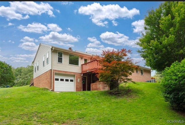 5401 Carteret Rd, Chesterfield, VA 23832 - view of front of home with brick siding, a garage, a front yard, a deck, and a chimney