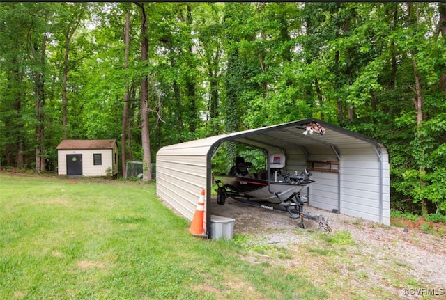 5401 Carteret Rd, Chesterfield, VA 23832 - view of parking / parking lot featuring a detached carport, a storage unit, and a forest view