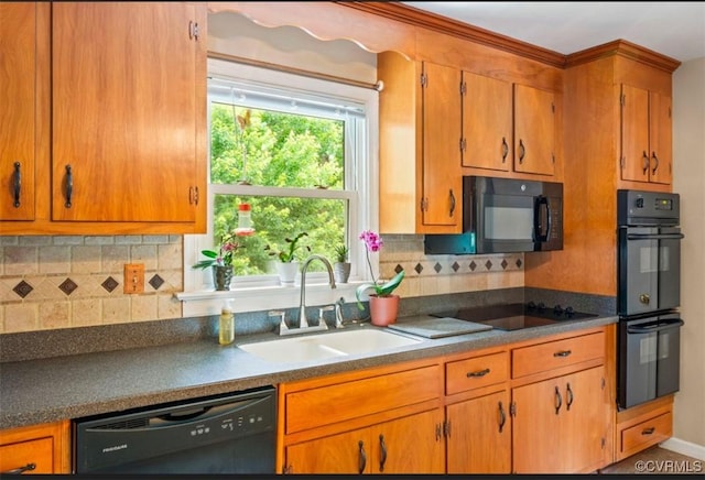 5401 Carteret Rd, Chesterfield, VA 23832 - kitchen with black appliances, a sink, backsplash, and brown cabinets