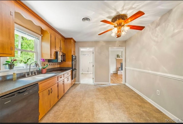 5401 Carteret Rd, Chesterfield, VA 23832 - kitchen featuring black appliances, a sink, ceiling fan, brown cabinetry, and dark countertops