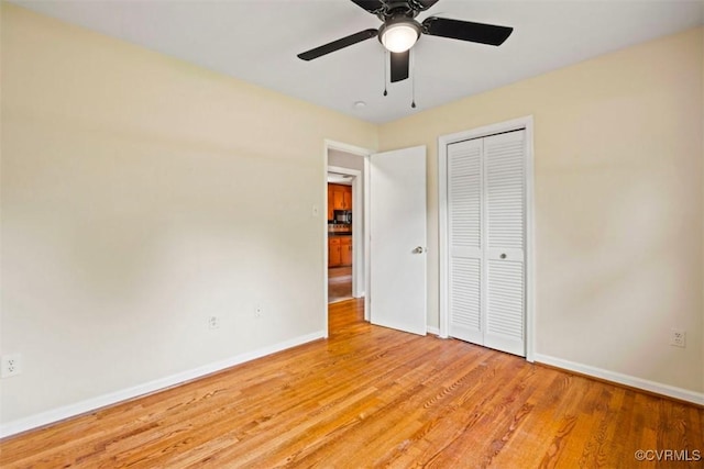 5401 Carteret Rd, Chesterfield, VA 23832 - unfurnished bedroom featuring baseboards, a closet, light wood-style floors, and a ceiling fan