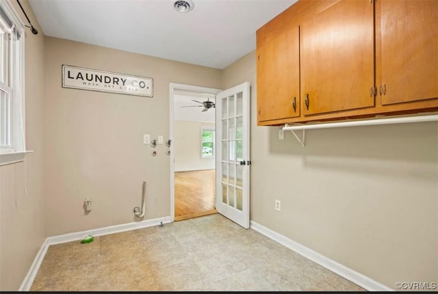 5401 Carteret Rd, Chesterfield, VA 23832 - laundry area featuring cabinet space, baseboards, hookup for a gas dryer, and french doors
