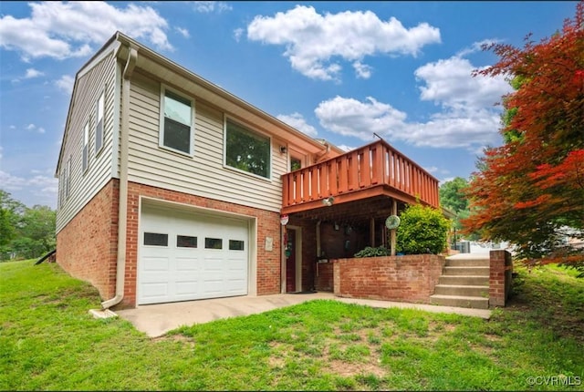 5401 Carteret Rd, Chesterfield, VA 23832 - view of front of home with brick siding, a front yard, a deck, and an attached garage