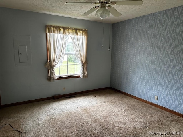 1097 Ebenezer Church Rd, Cobbs Creek, VA 23035 - carpeted spare room with a textured ceiling, a ceiling fan, electric panel, baseboards, and wallpapered walls