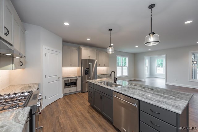 12540 N Readers Ln, Manakin Sabot, VA 23103 - kitchen with a sink, appliances with stainless steel finishes, gray cabinets, dark wood finished floors, and recessed lighting