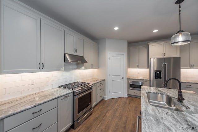12540 N Readers Ln, Manakin Sabot, VA 23103 - kitchen with high end appliances, under cabinet range hood, a sink, gray cabinets, and dark wood-type flooring
