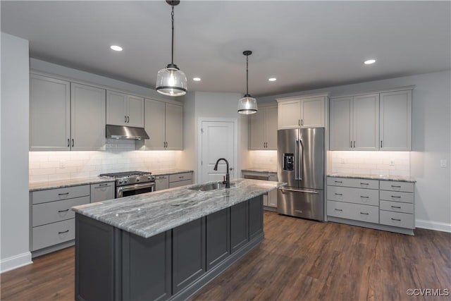 12540 N Readers Ln, Manakin Sabot, VA 23103 - kitchen featuring appliances with stainless steel finishes, under cabinet range hood, gray cabinetry, a sink, and recessed lighting