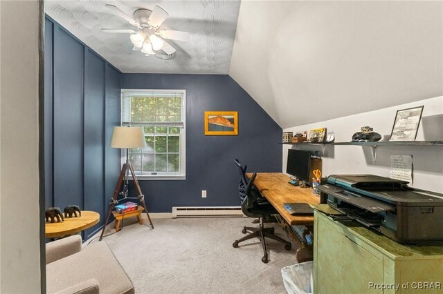 542 Cod Creek Dr, Heathsville, VA 22473 - carpeted office space with baseboard heating, vaulted ceiling, baseboards, and a ceiling fan