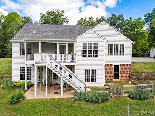 1629 Olmstead Dr, Powhatan, VA 23139 - back of house with a shingled roof, a patio area, stairs, and a sunroom
