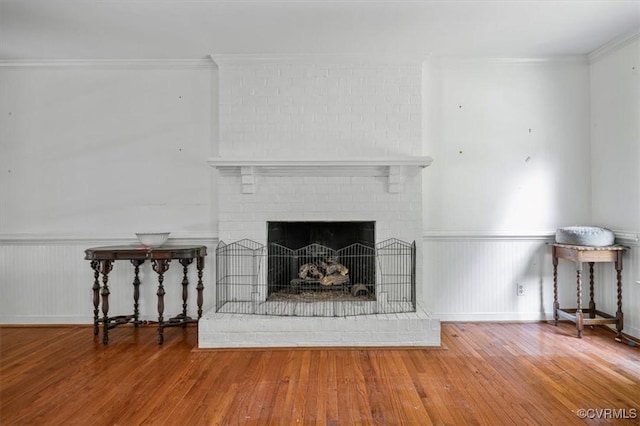11309 Pendleton Pl, North Chesterfield, VA 23236 - unfurnished living room featuring wood finished floors, a wainscoted wall, and a fireplace
