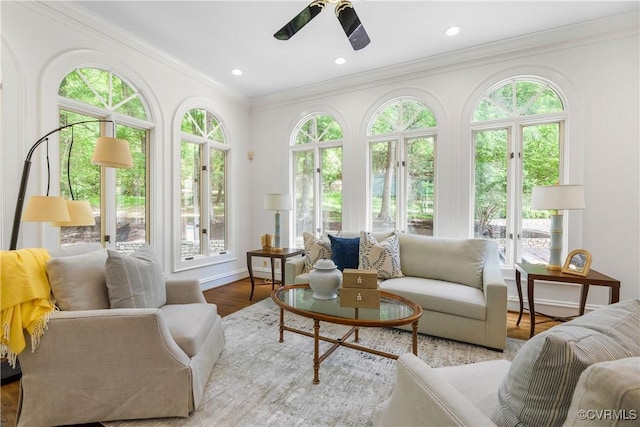 9001 Forest Ridge Ct, Henrico, VA 23229 - living area with a ceiling fan, crown molding, wood finished floors, and recessed lighting