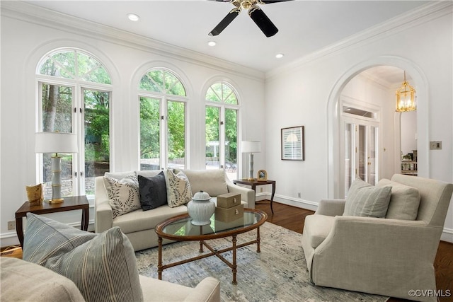 9001 Forest Ridge Ct, Henrico, VA 23229 - living area featuring plenty of natural light, arched walkways, ceiling fan, ornamental molding, and wood finished floors