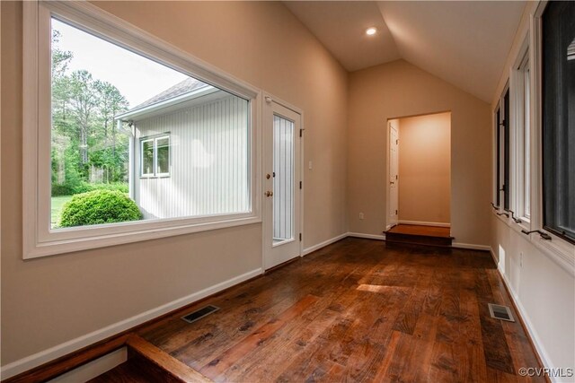 1396 Gray Fox Rd, Goochland, VA 23103 - foyer with lofted ceiling, dark wood-style floors, baseboards, and recessed lighting