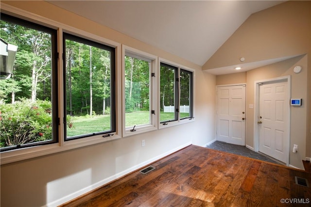 1396 Gray Fox Rd, Goochland, VA 23103 - foyer entrance with baseboards, vaulted ceiling, and dark wood-style flooring