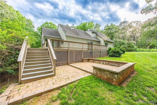1396 Gray Fox Rd, Goochland, VA 23103 - rear view of house featuring a patio area, stairway, a lawn, a wooden deck, and roof with shingles