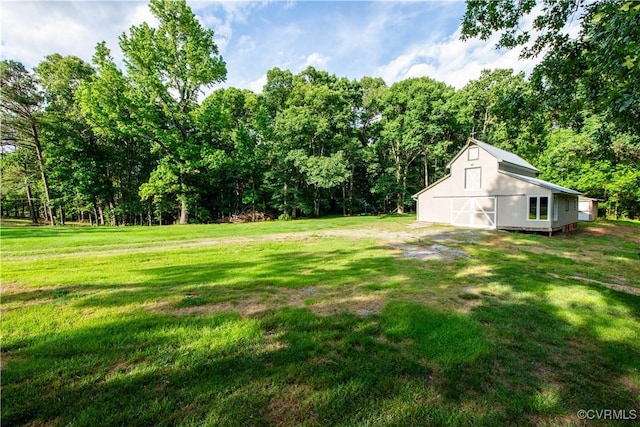 1396 Gray Fox Rd, Goochland, VA 23103 - view of grassy yard featuring a barn, an outbuilding, and a forest view