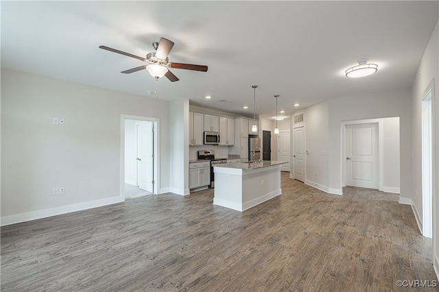 10530 Stony Bluff Dr Unit 305, Ashland, VA 23005 - kitchen with appliances with stainless steel finishes, ceiling fan, open floor plan, an island with sink, and recessed lighting