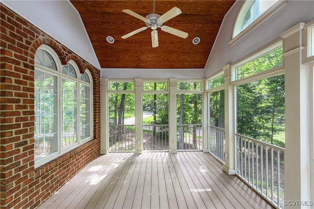 8831 Whistling Swan Rd, Chesterfield, VA 23838 - unfurnished sunroom with wood ceiling, high vaulted ceiling, healthy amount of natural light, hardwood / wood-style flooring, and brick wall