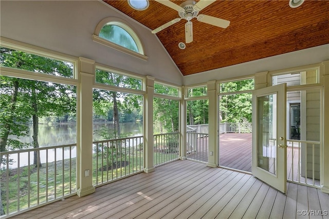 8831 Whistling Swan Rd, Chesterfield, VA 23838 - unfurnished sunroom featuring wood ceiling, a deck with water view, ceiling fan, high vaulted ceiling, and hardwood / wood-style flooring