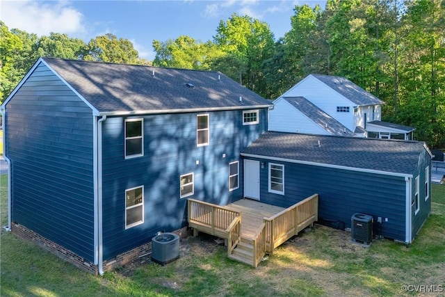 11202 Heathstead Rd, Chester, VA 23831 - back of property with central AC, a deck, a shingled roof, and a lawn