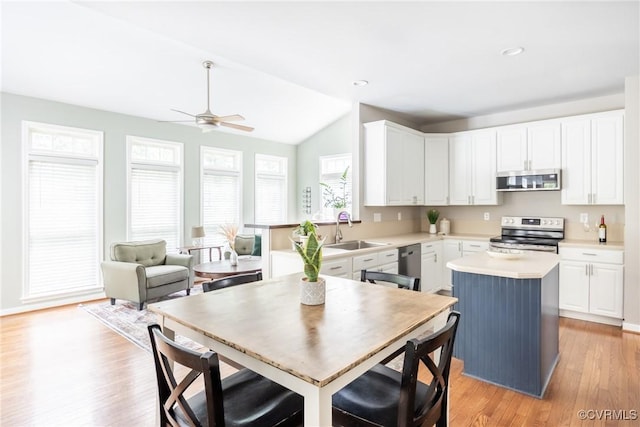 12109 Jamieson Pl, Henrico, VA 23059 - kitchen featuring appliances with stainless steel finishes, a sink, light wood-style floors, light countertops, and lofted ceiling