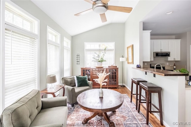 12109 Jamieson Pl, Henrico, VA 23059 - living room featuring light wood finished floors, a ceiling fan, vaulted ceiling, and baseboards