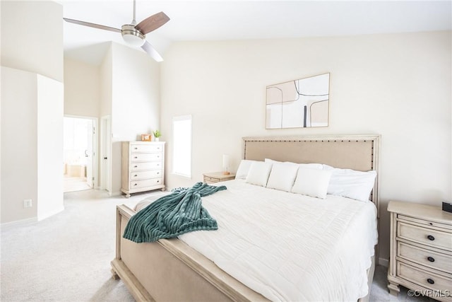 12109 Jamieson Pl, Henrico, VA 23059 - bedroom with carpet flooring, ensuite bathroom, high vaulted ceiling, baseboards, and a ceiling fan