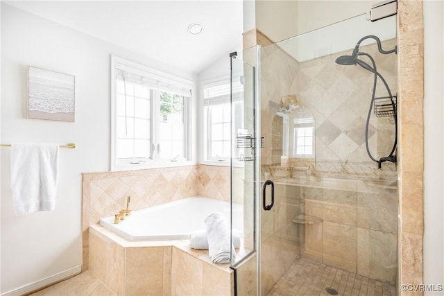 12109 Jamieson Pl, Henrico, VA 23059 - bathroom featuring a garden tub, a stall shower, and lofted ceiling