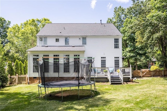 12109 Jamieson Pl, Henrico, VA 23059 - back of property featuring a wooden deck, a trampoline, a gate, and a shingled roof