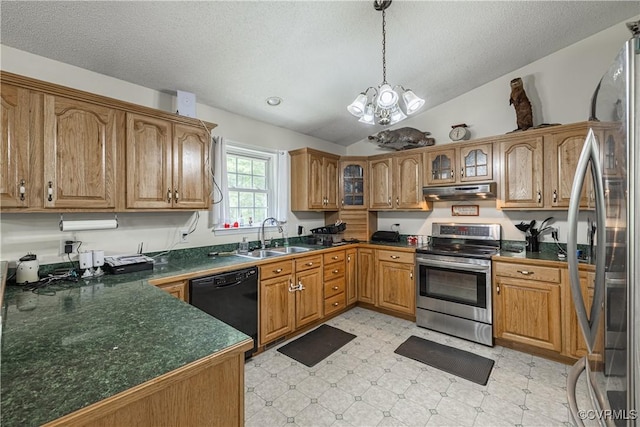 17063 Moores Mill Rd, Ruther Glen, VA 22546 - kitchen featuring stainless steel appliances, a sink, under cabinet range hood, dark countertops, and vaulted ceiling