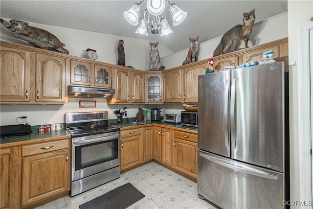 17063 Moores Mill Rd, Ruther Glen, VA 22546 - kitchen with stainless steel appliances, under cabinet range hood, dark countertops, glass insert cabinets, and brown cabinetry