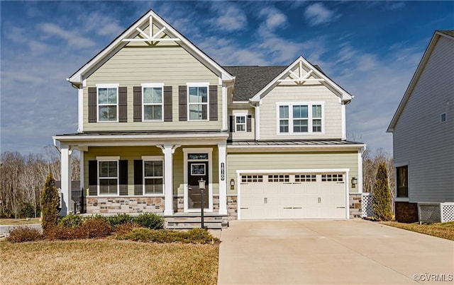 18160 Sagamore Dr, Chesterfield, VA 23120 - craftsman house with covered porch, driveway, an attached garage, a standing seam roof, and stone siding